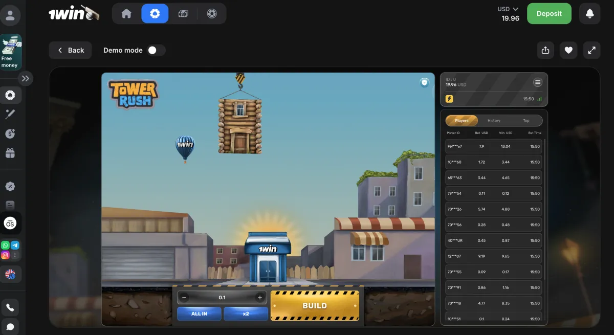 Tower Rush Spiel in 1Win Casino