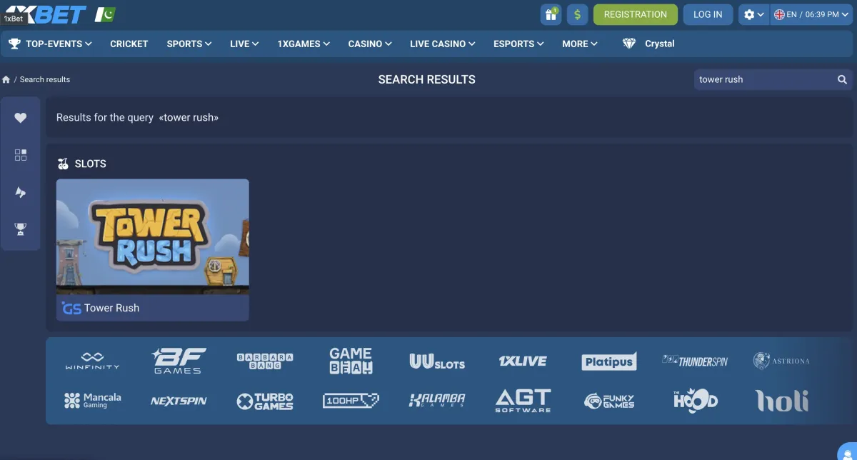 Tower Rush Spiel in der 1xBet Casino-Suche gefunden